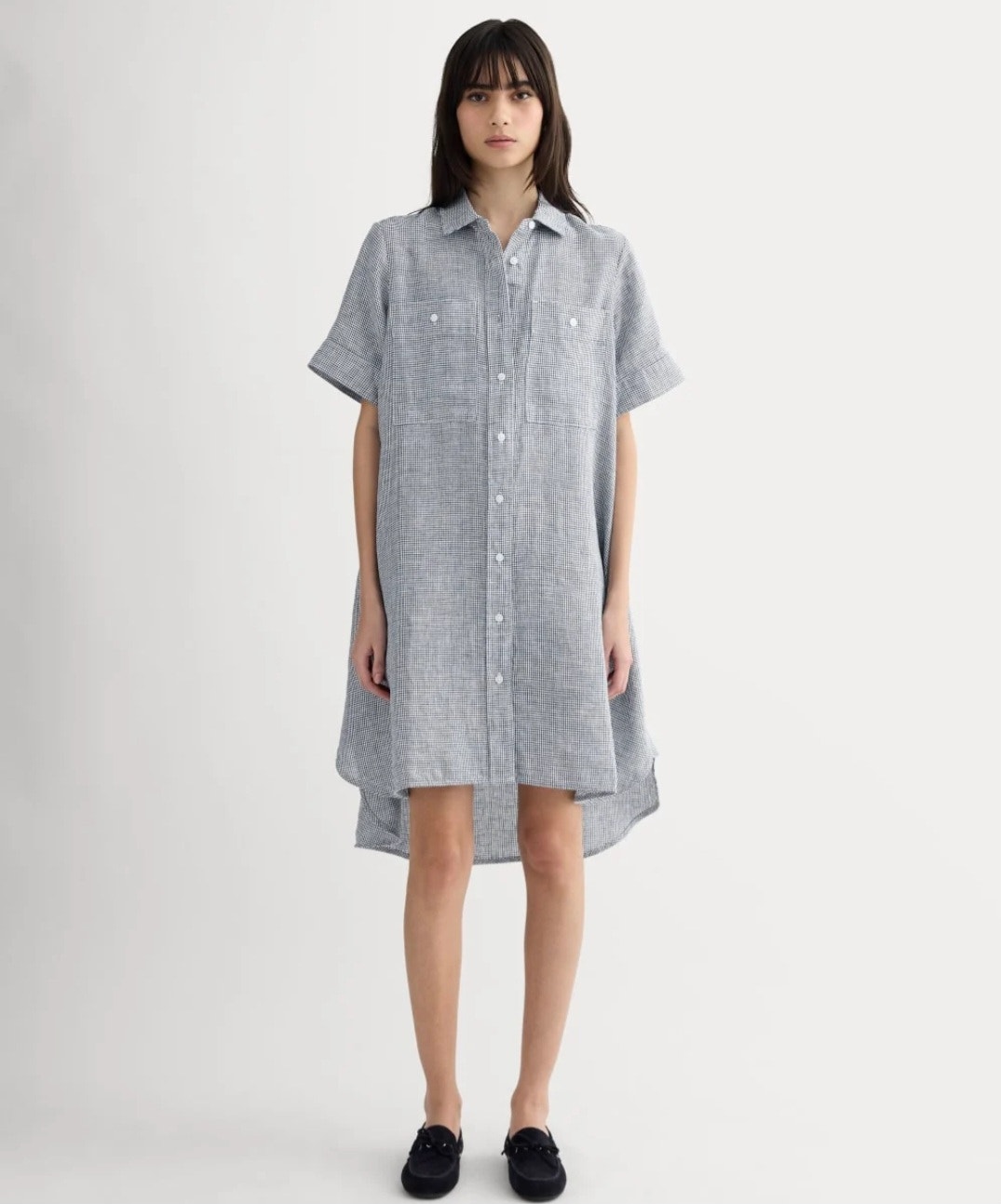 Everlane Daytripper Linen Gingham Short Sleeve Shirt Dress Blue White Medium
